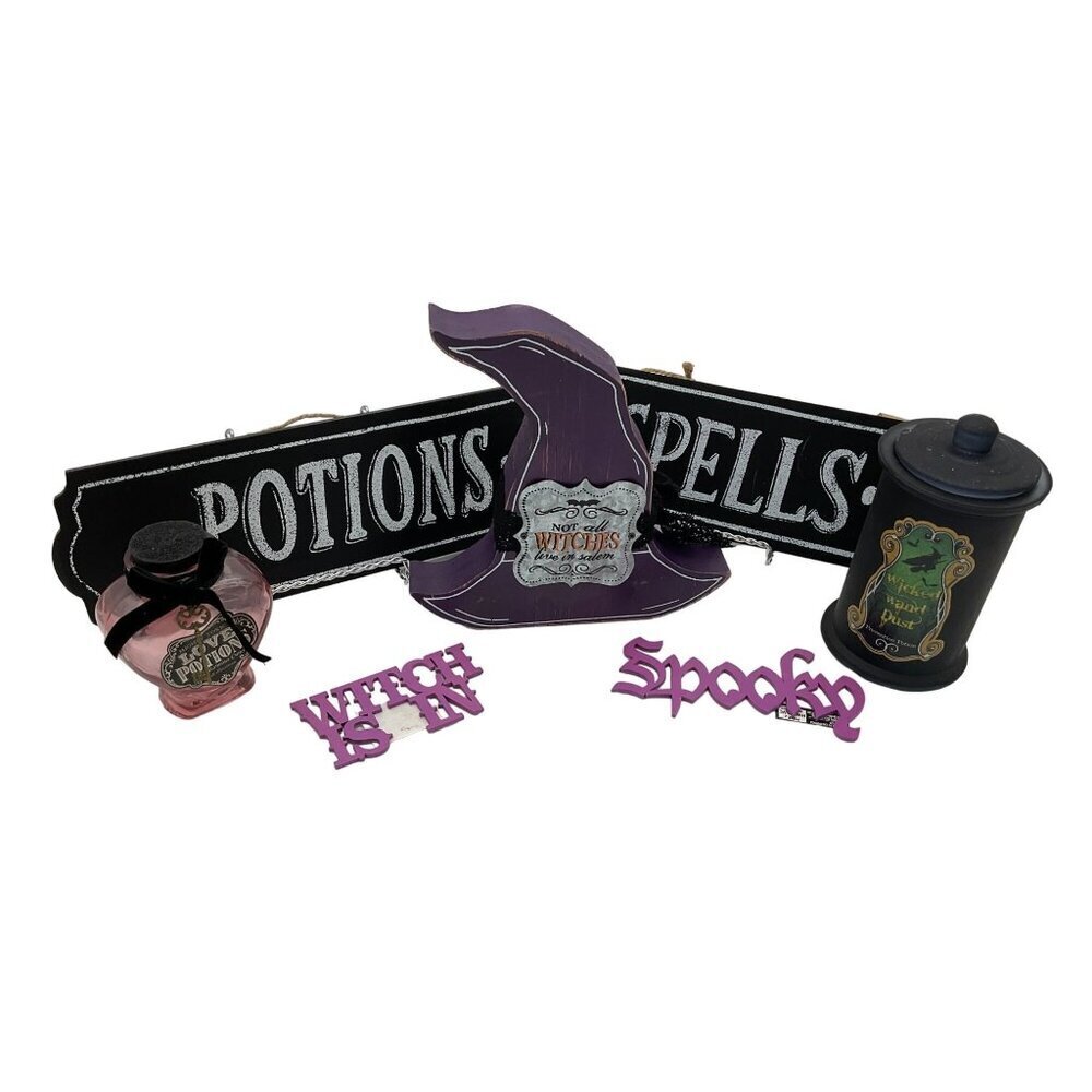 Halloween Bundle of 7 Witch Themed Purple & Black Wooden & Glass Decor
